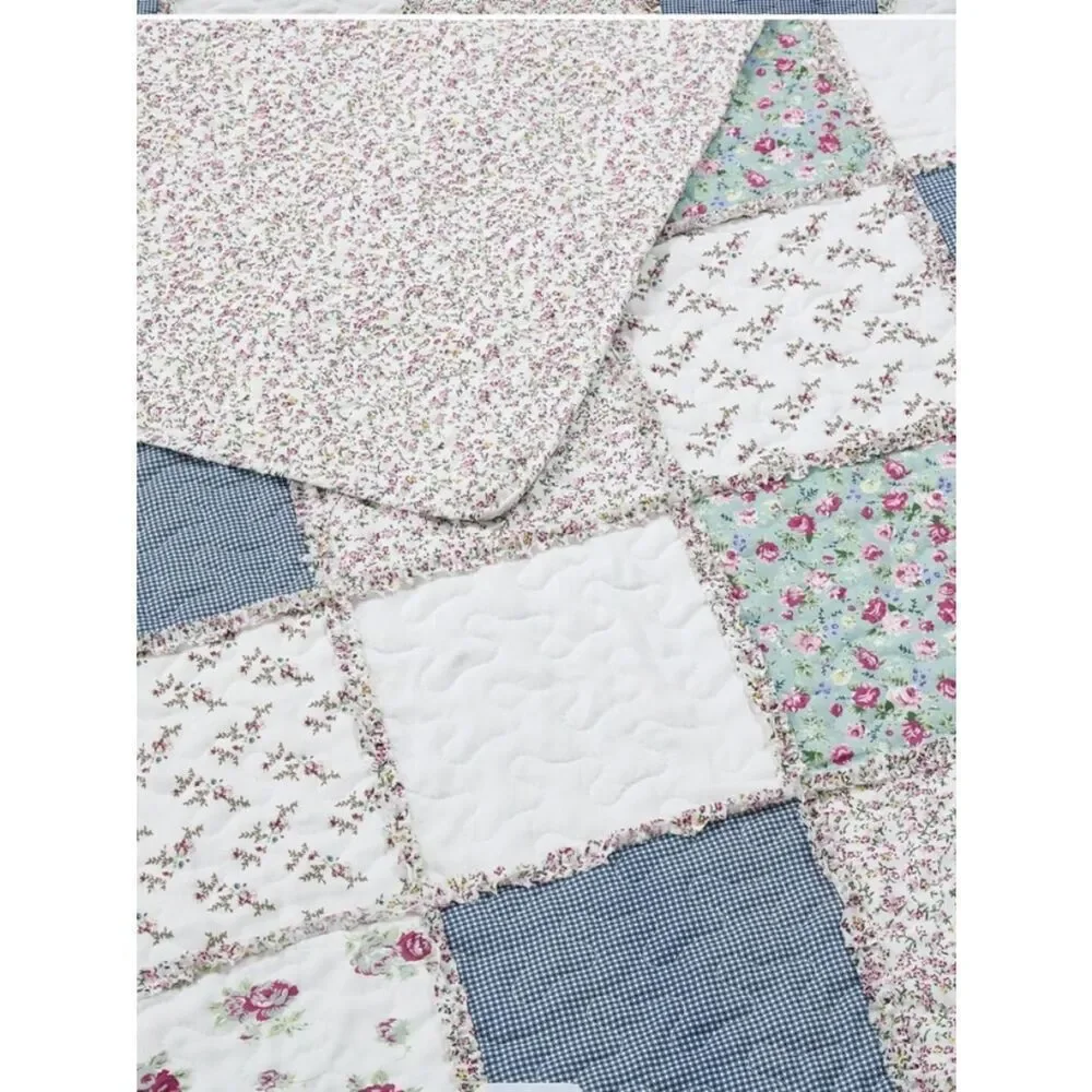 Cottage Farmhouse Patchwork Queen Rag Quilt Set Printed Floral Pattern Country